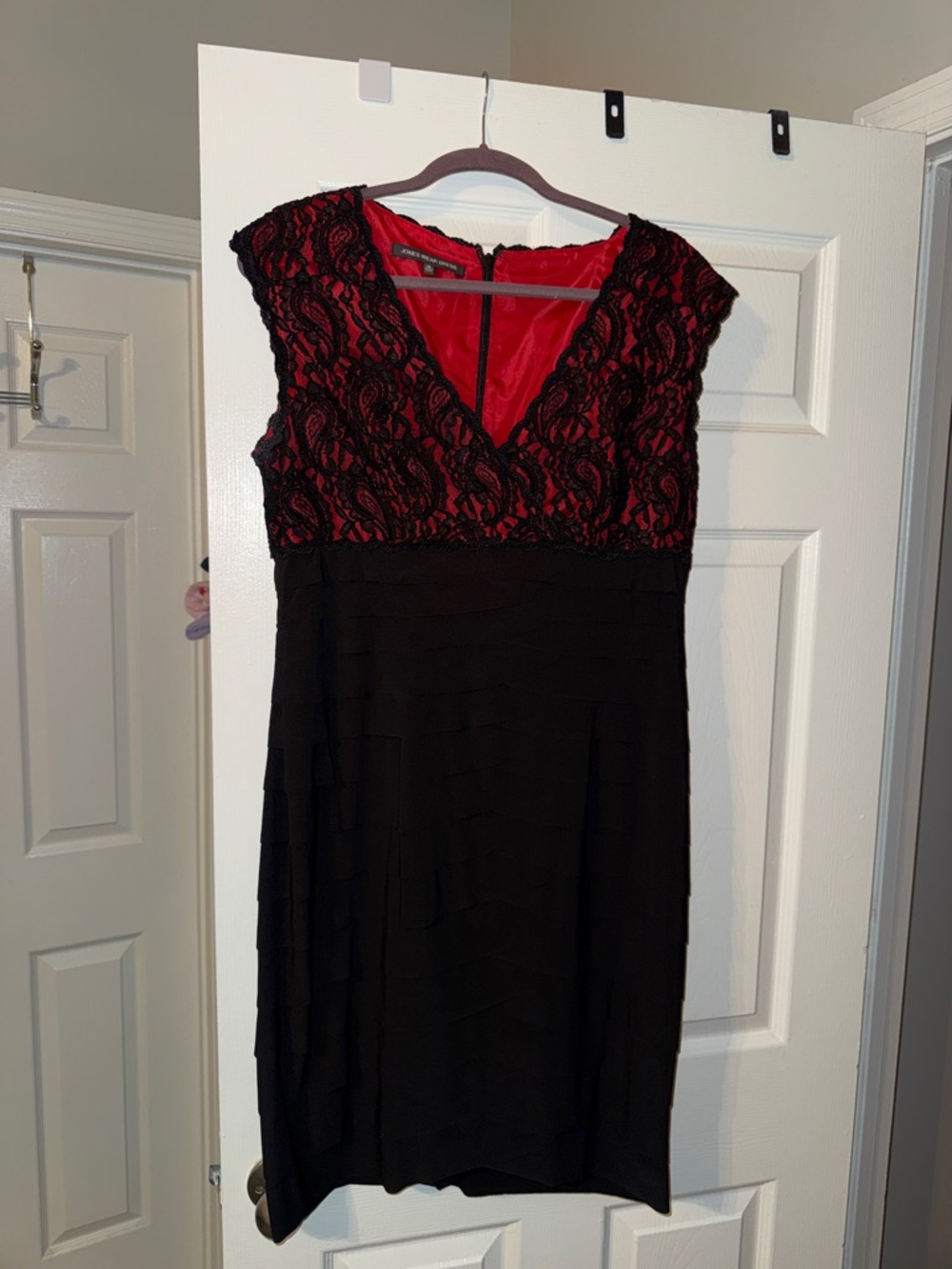 🖤JONES WEAR BLK RED LACE BODICE MIDI DRESS SIZE 14🖤